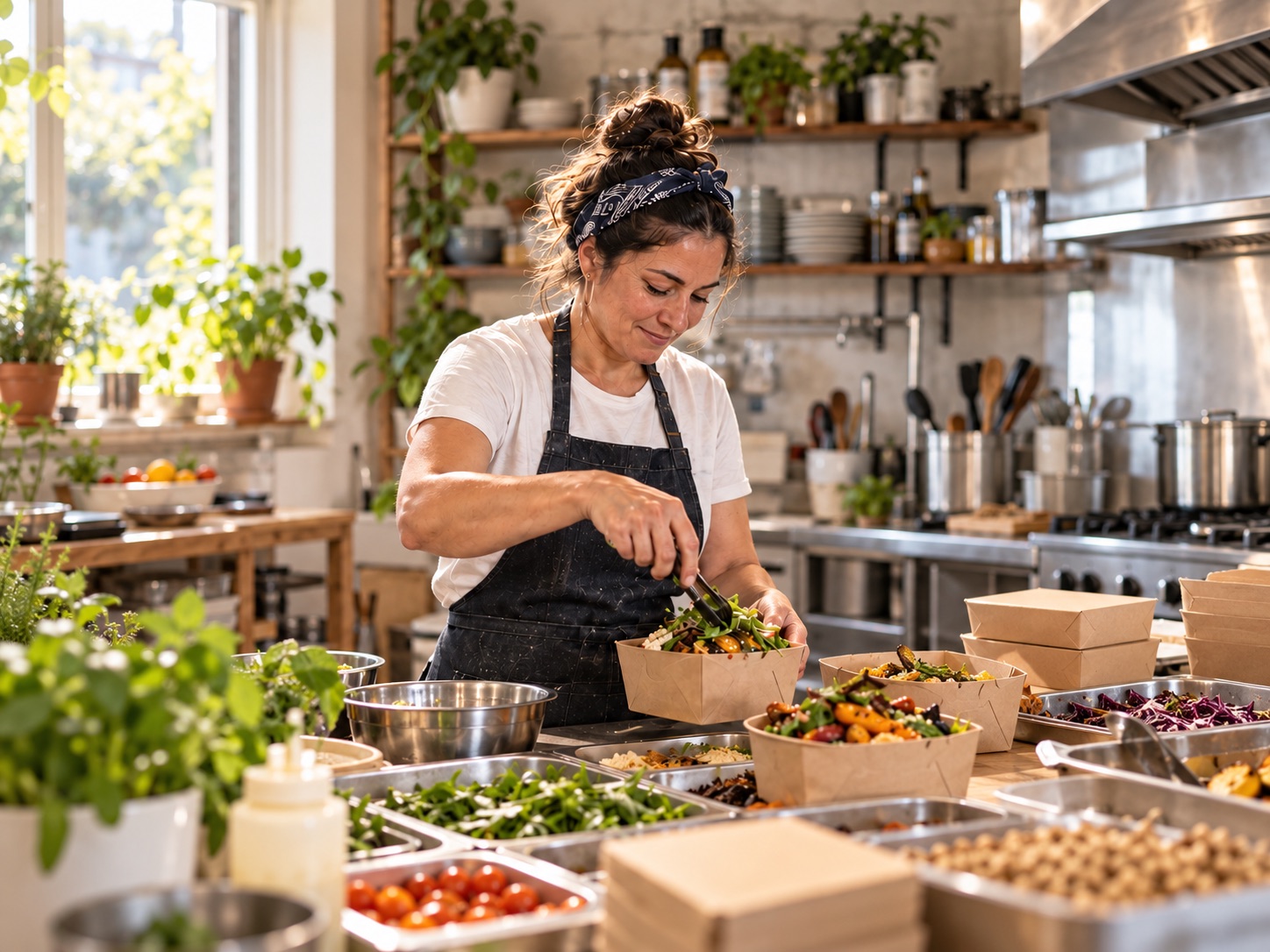 Responsable de un pequeño negocio preparando pedidos en su cocina