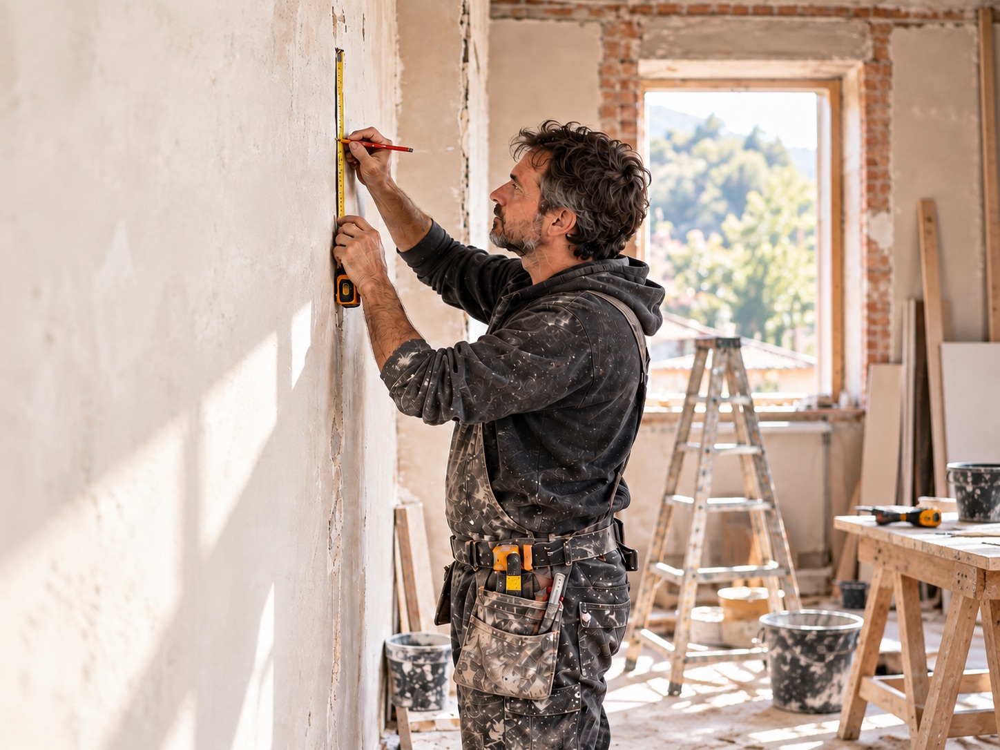 Profesional midiendo una pared durante una reforma
